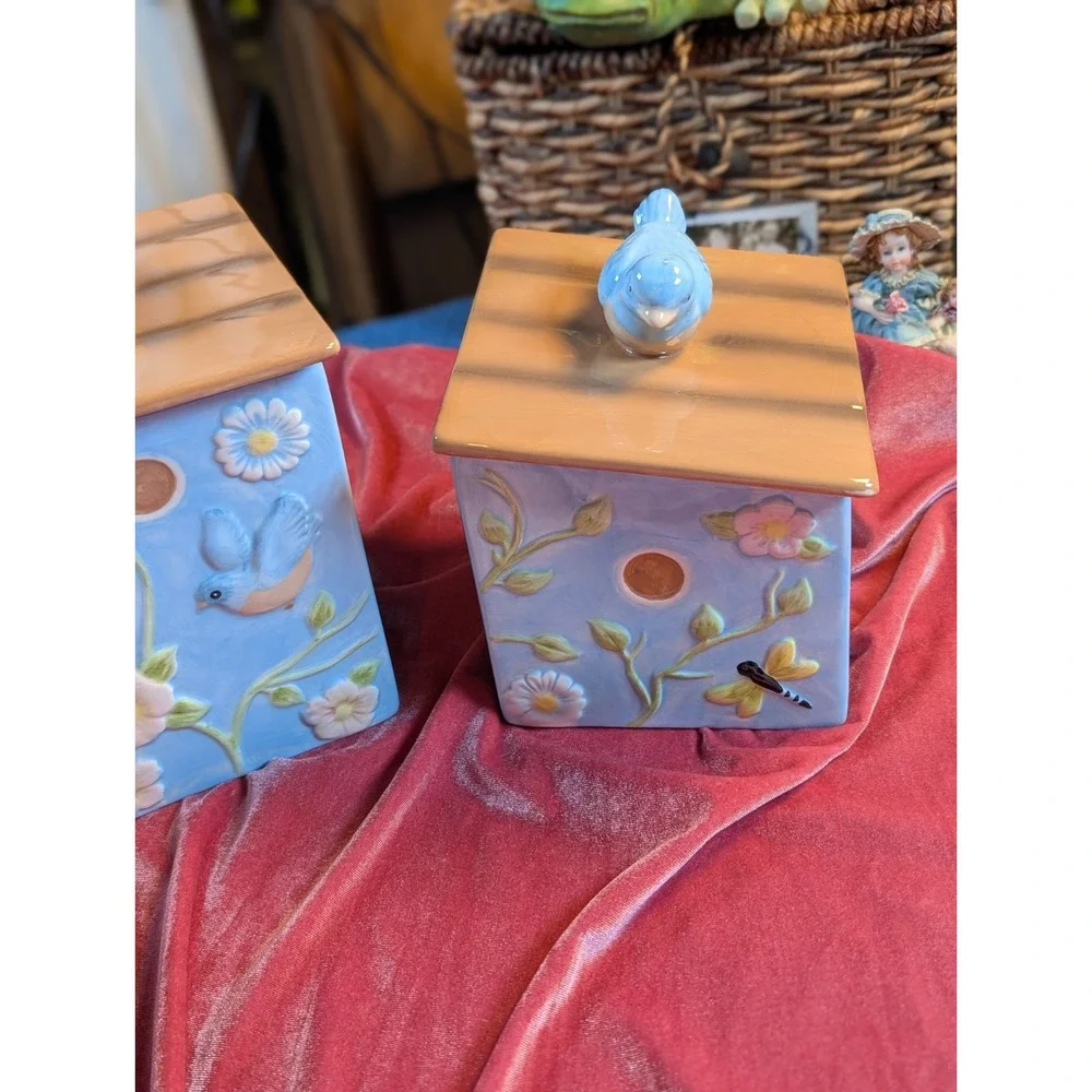 Ceramic Birdhouse Canister Set 3 Piece Bluebird & Floral Nesting Kitchen Jars